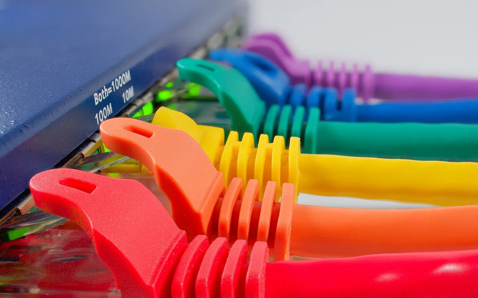Colourful network cables plugged into the ports of a network switch